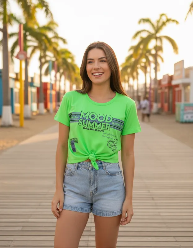 Blusa Cropped Feminina Mundo Mania Rosa E Verde