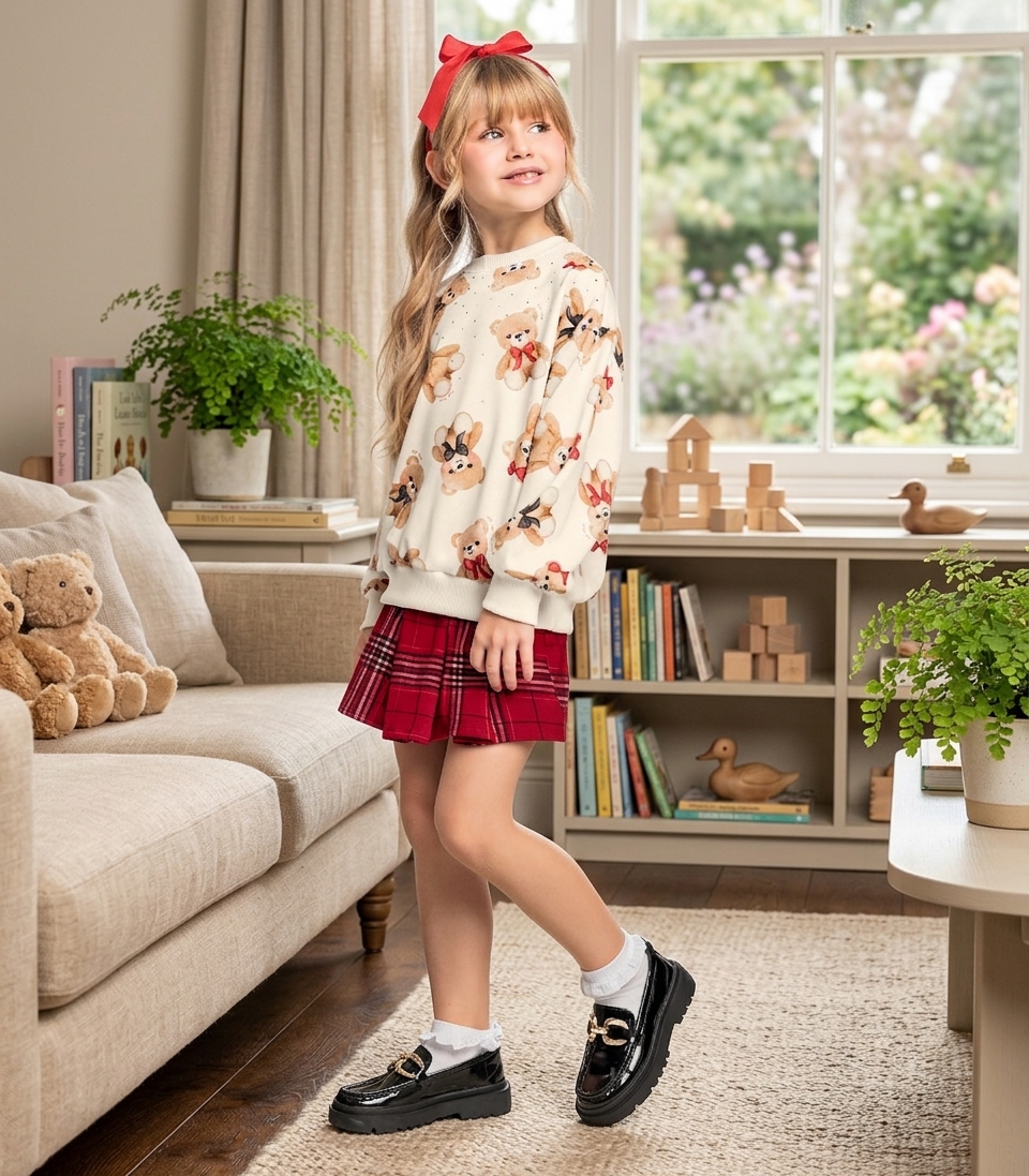 Conjunto Blusa Com Shorts Saia Trick Nick Menina Urso Xadrez