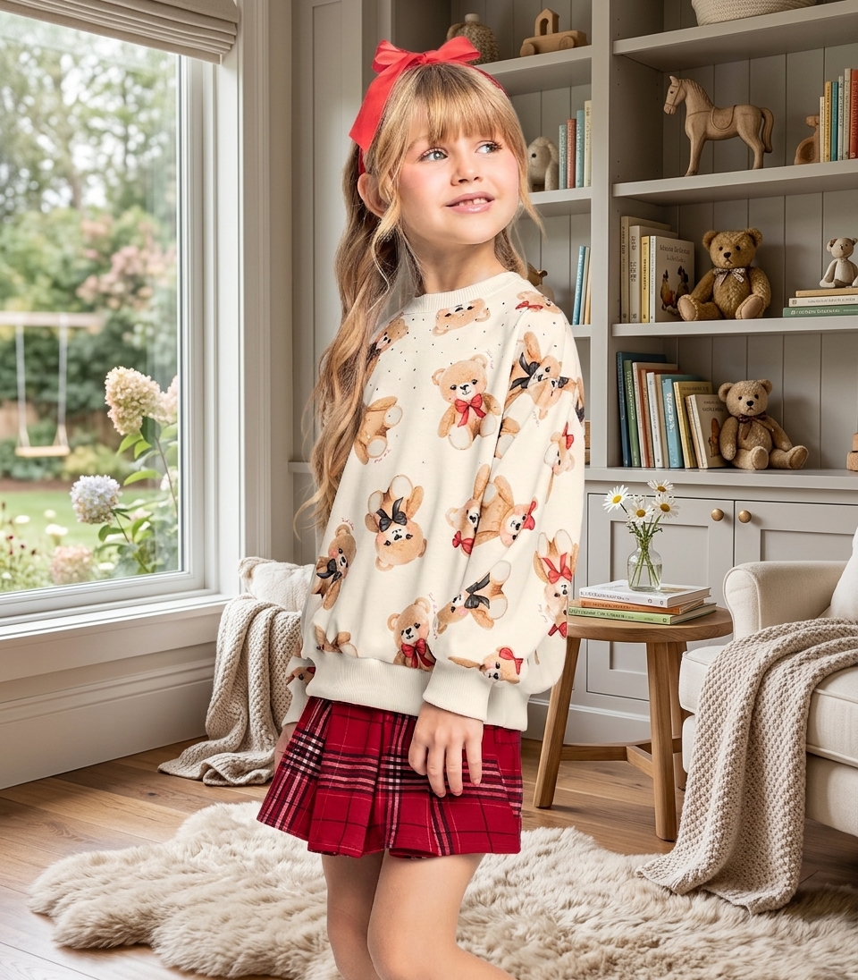 Conjunto Blusa Com Shorts Saia Trick Nick Menina Urso Xadrez